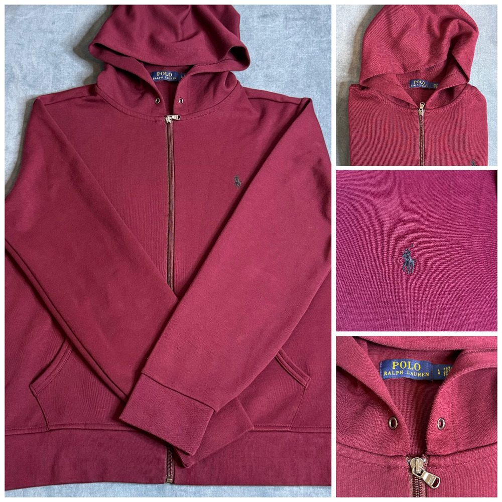Polo Ralph Lauren Sweater Mens Large Maroon RED Pony Hoodie Full Zip Sweatshirt